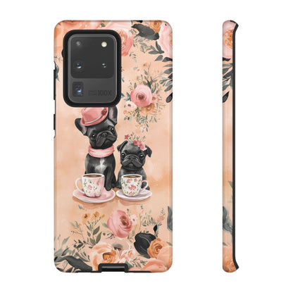 Floral French Bulldogs Samsung Galaxy Case – Elegant Dog Design with Tea Cups & Roses, Shockproof Protection