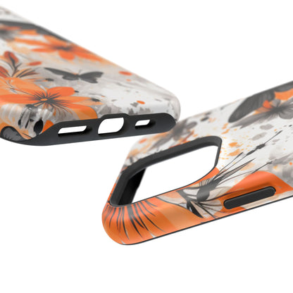 Orange Blossom & Black Butterfly MagSafe iPhone Case – Bold Floral Pattern with Modern Abstract Style