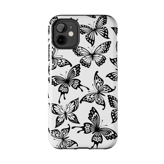 Monochrome Butterfly Pattern Tough iPhone Case – Dual-Layer Protection with Matte Finish