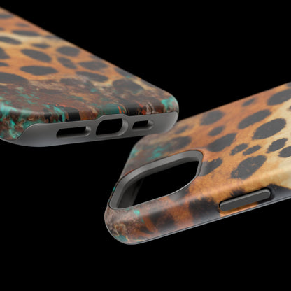 Rustic Leopard Print Tough MagSafe iPhone Case – Distressed Turquoise and Animal Pattern with Dual-Layer Protection