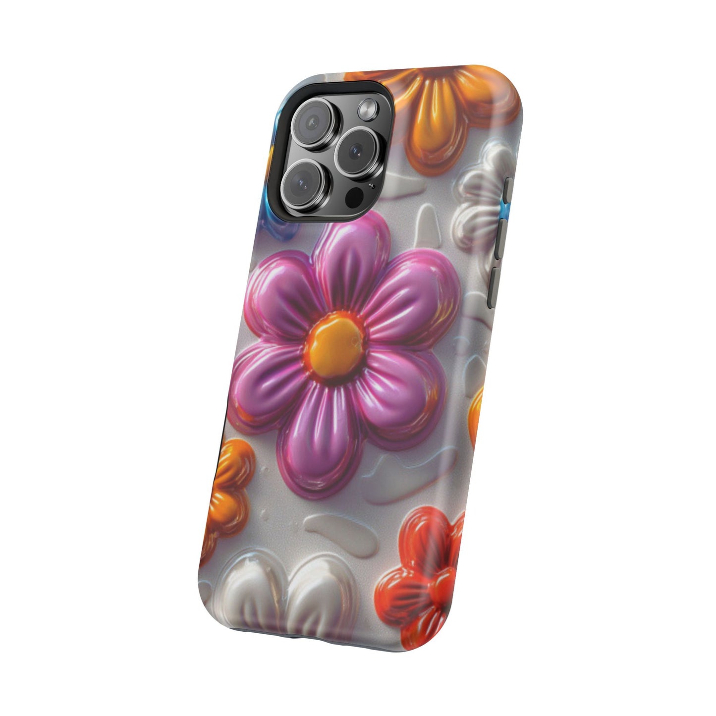 Glossy 3D Floral MagSafe iPhone Case – Colorful Flower Pattern, Durable Protection