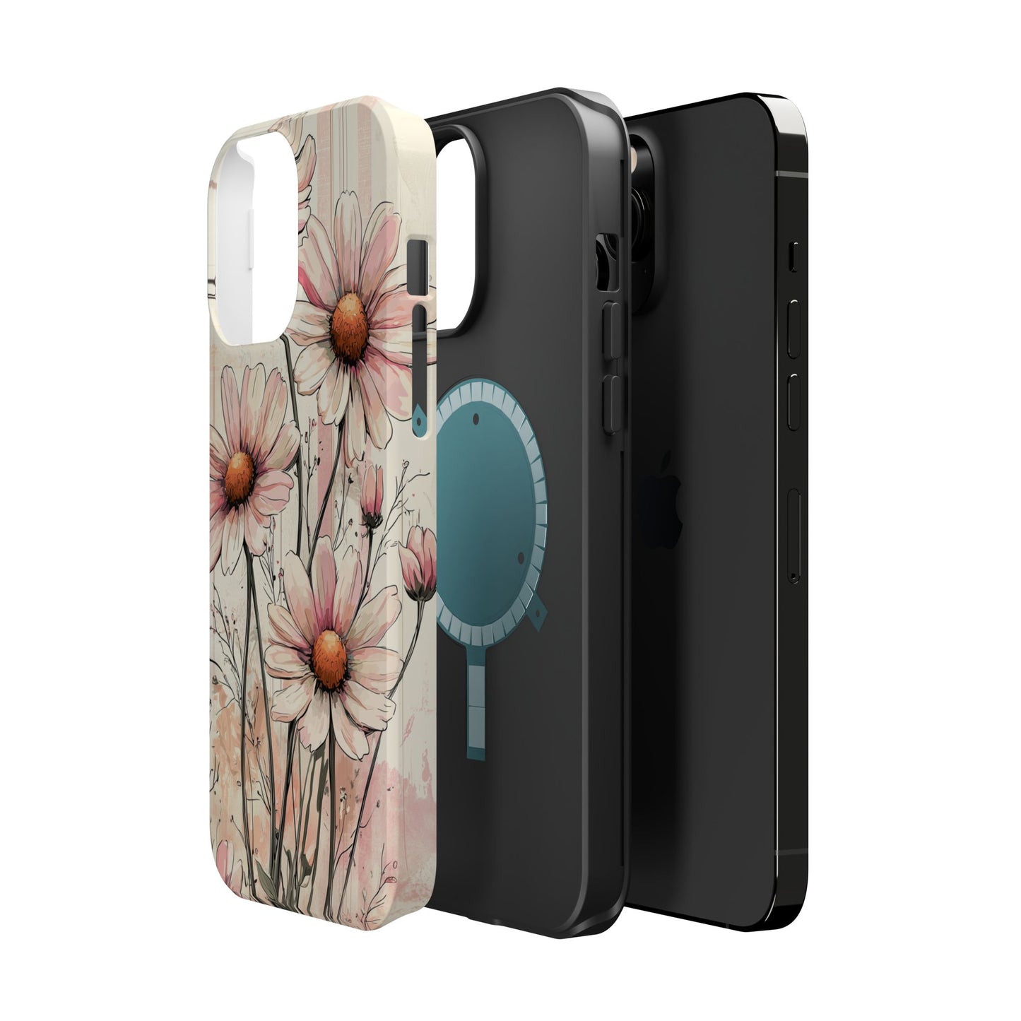 Pastel Pink Daisy MagSafe iPhone Case - Elegant Floral Plaid Protective Cover