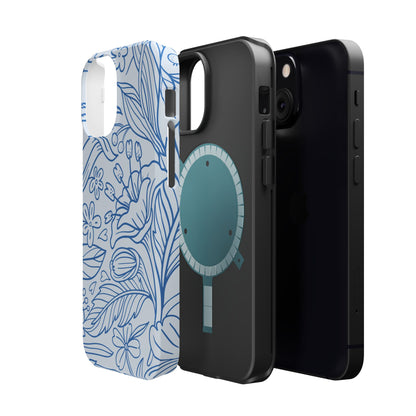 Dusty Blue Floral Line Art Tough MagSafe iPhone Case – Minimalist Botanical Design with Dual-Layer Protection