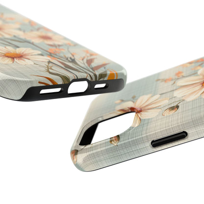 Vintage Plaid & Daisy Floral Tough iPhone Case – Dual-Layer Protection with Retro Flower Design