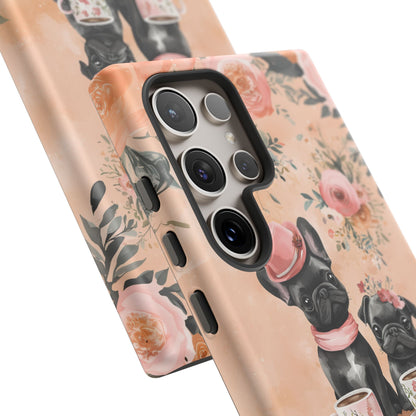 Floral French Bulldogs Samsung Galaxy Case – Elegant Dog Design with Tea Cups & Roses, Shockproof Protection - BOGO Cases