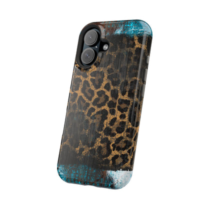 Boho Leopard and Turquoise Tough MagSafe iPhone Case – Rustic Western Design with Dual-Layer Protection