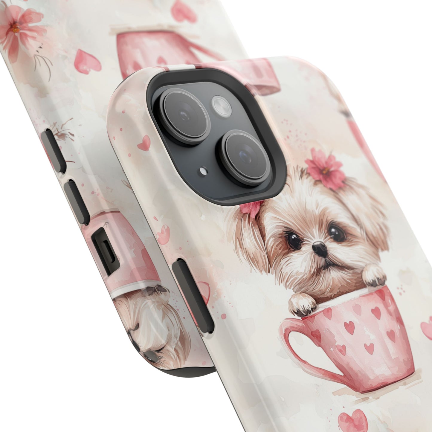 Floral Puppy in Teacup MagSafe iPhone Case – Cute Pink Flower Design, Tough Dual-Layer Protection