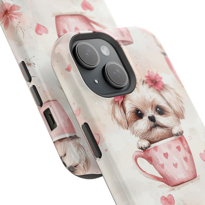 Floral Puppy in Teacup MagSafe iPhone Case – Cute Pink Flower Design, Tough Dual-Layer Protection