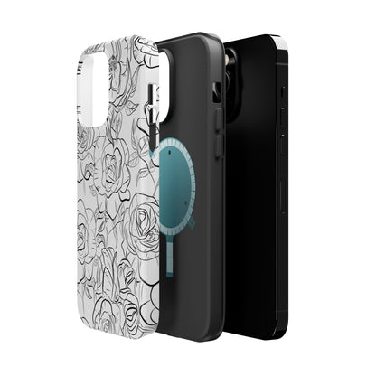 Monochrome Rose Garden Tough MagSafe iPhone Case – Elegant Floral Line Art with Dual-Layer Protection