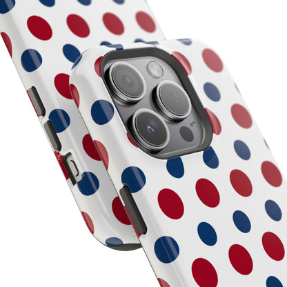 Patriotic Navy, White, and Red Polka Dot MagSafe iPhone Case