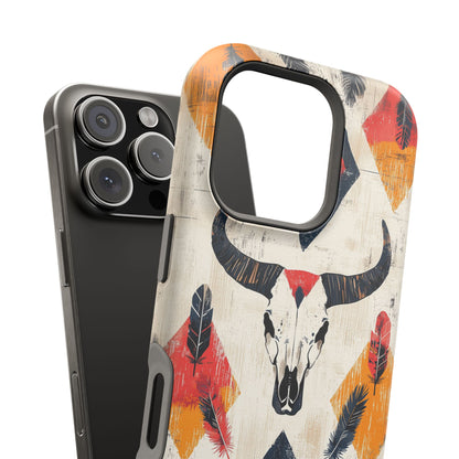 Western Bull Skull & Feathers Tough Mag Safe iPhone Case – Bold Tribal Design, Dual-Layer Protection