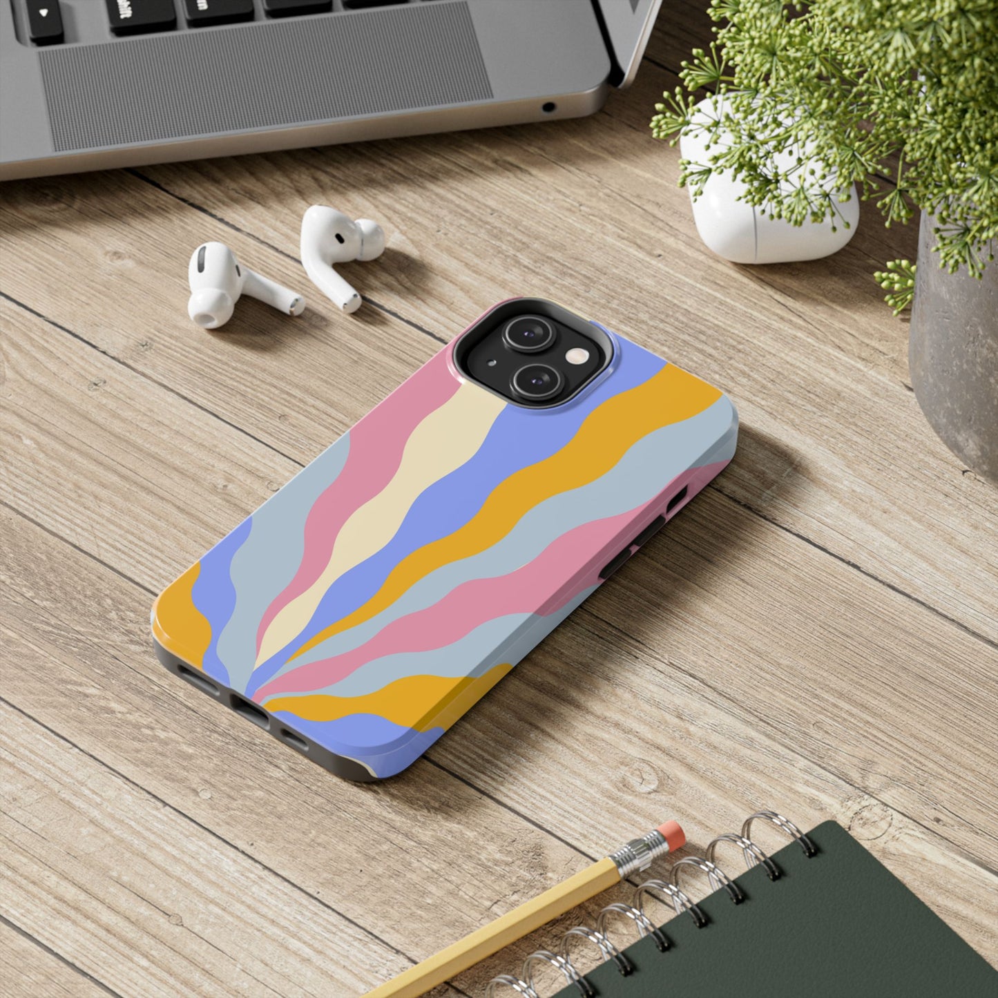 Pastel Radiance iPhone Case – 70s-Inspired Dual-Layer Design with Wavy Sunburst Pattern