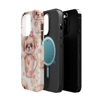 Adorable Puppy in Teacup MagSafe iPhone Case – Tough, Dual-Layer Protection with Cute Pink Bow Design