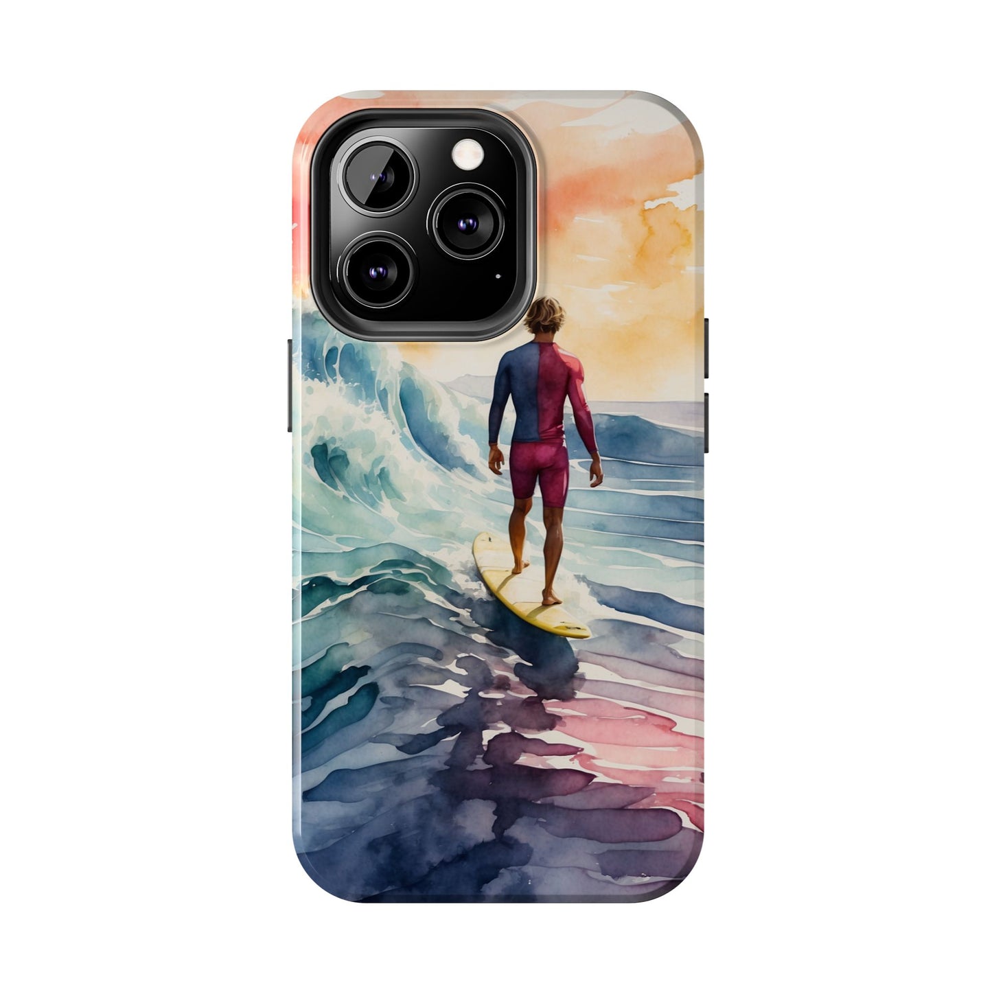 Surfer’s Sunset Wave iPhone Case – Vibrant Watercolor Design