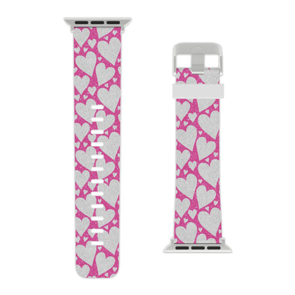 Pink and Silver Glitter Heart Pattern Apple Watch Band