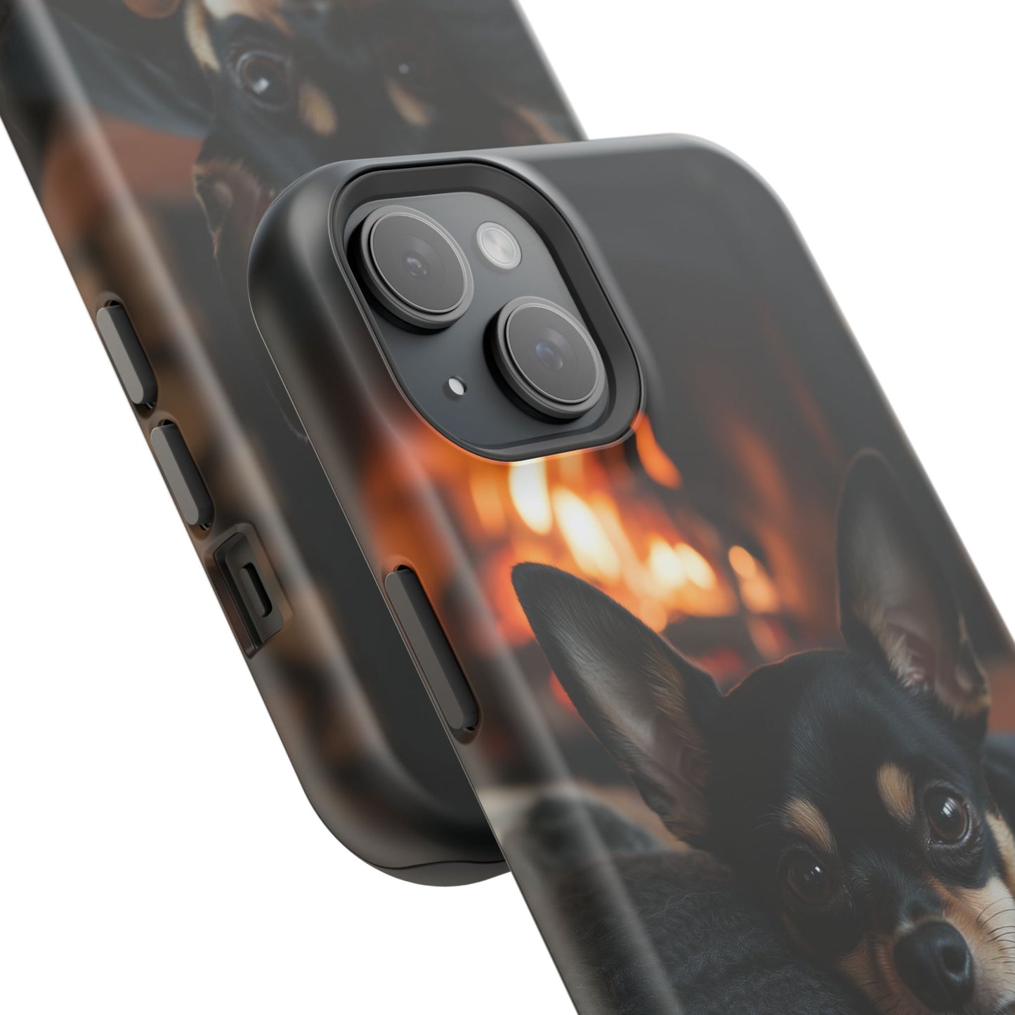 Cozy Chihuahua Fireplace MagSafe iPhone Case – Elegant and Functional Design