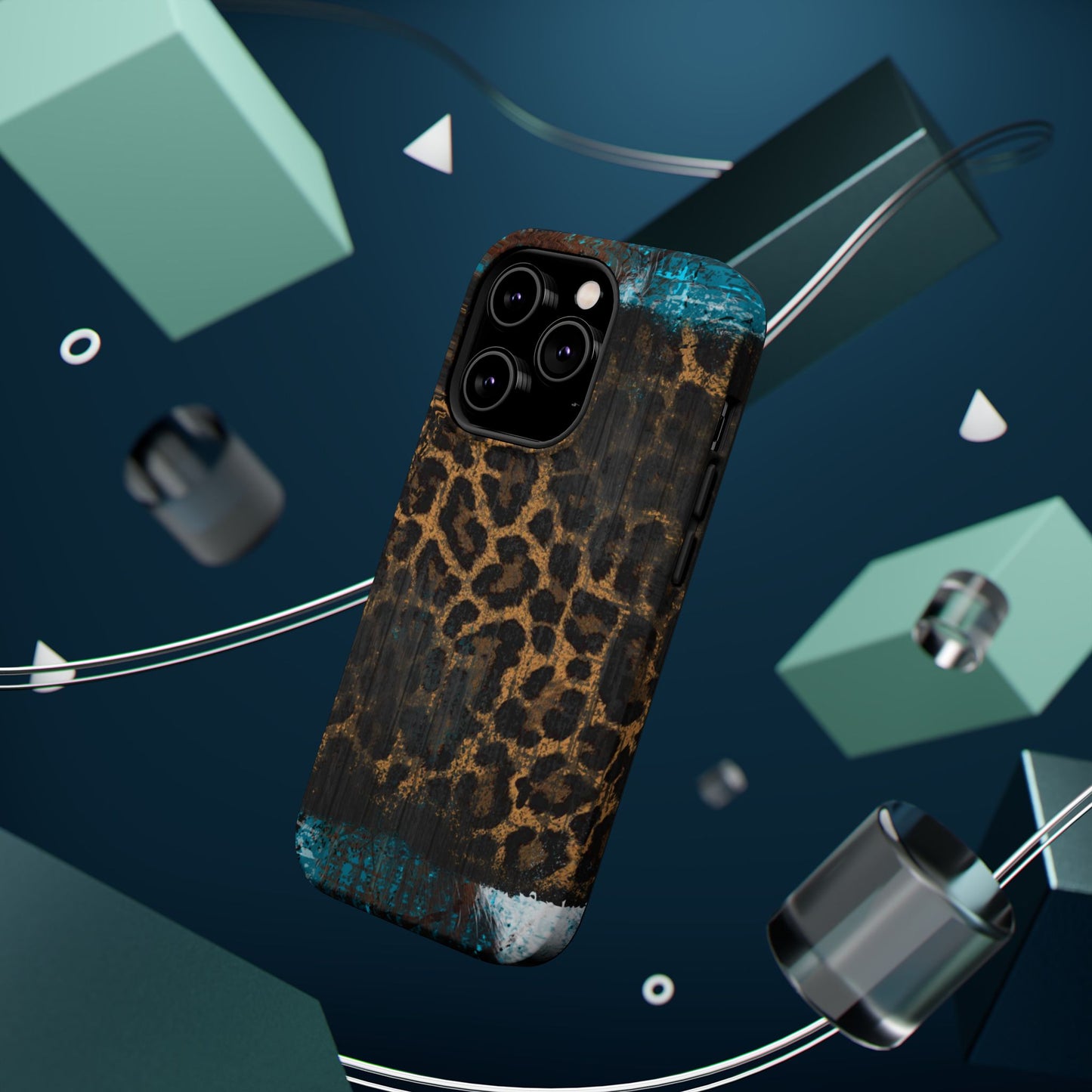 Boho Leopard and Turquoise Tough MagSafe iPhone Case – Rustic Western Design with Dual-Layer Protection