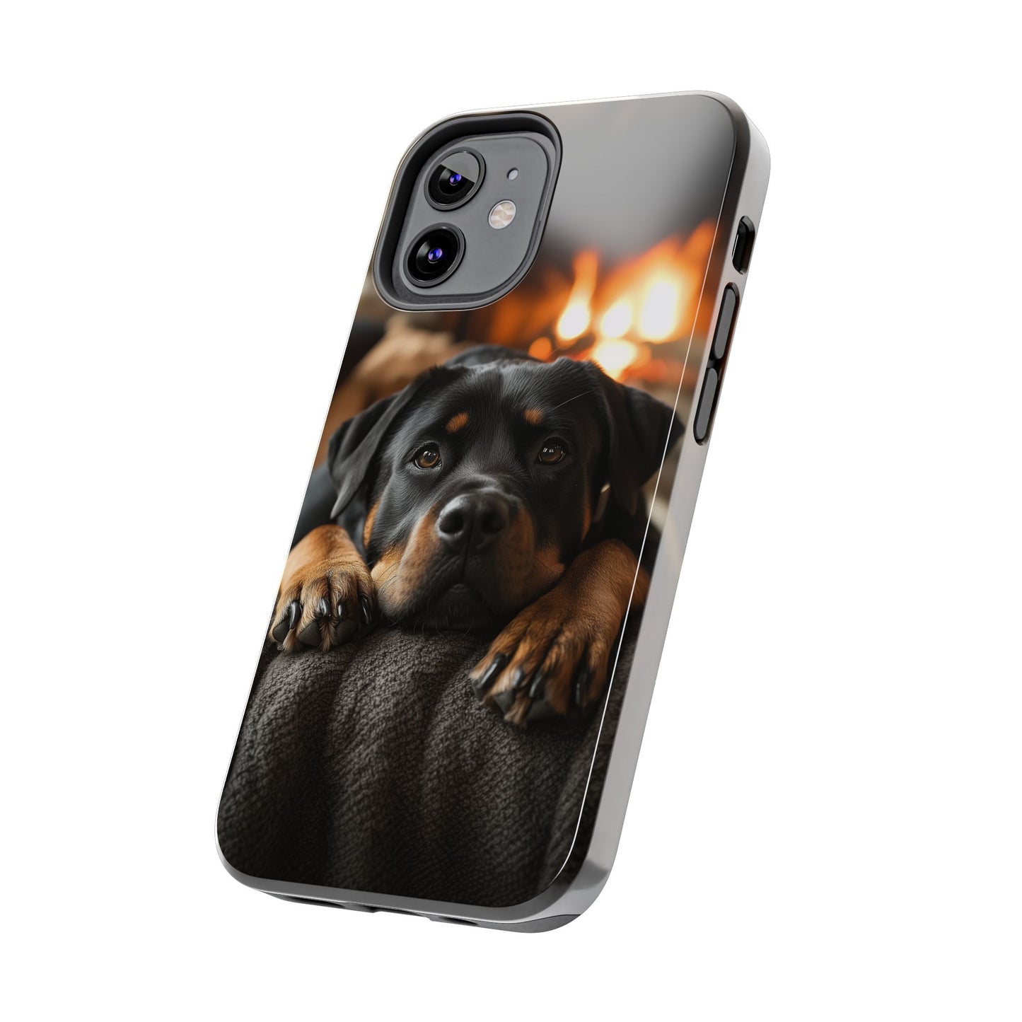 Cozy Rottweiler by the Fireplace iPhone Case – Warm Rustic Design