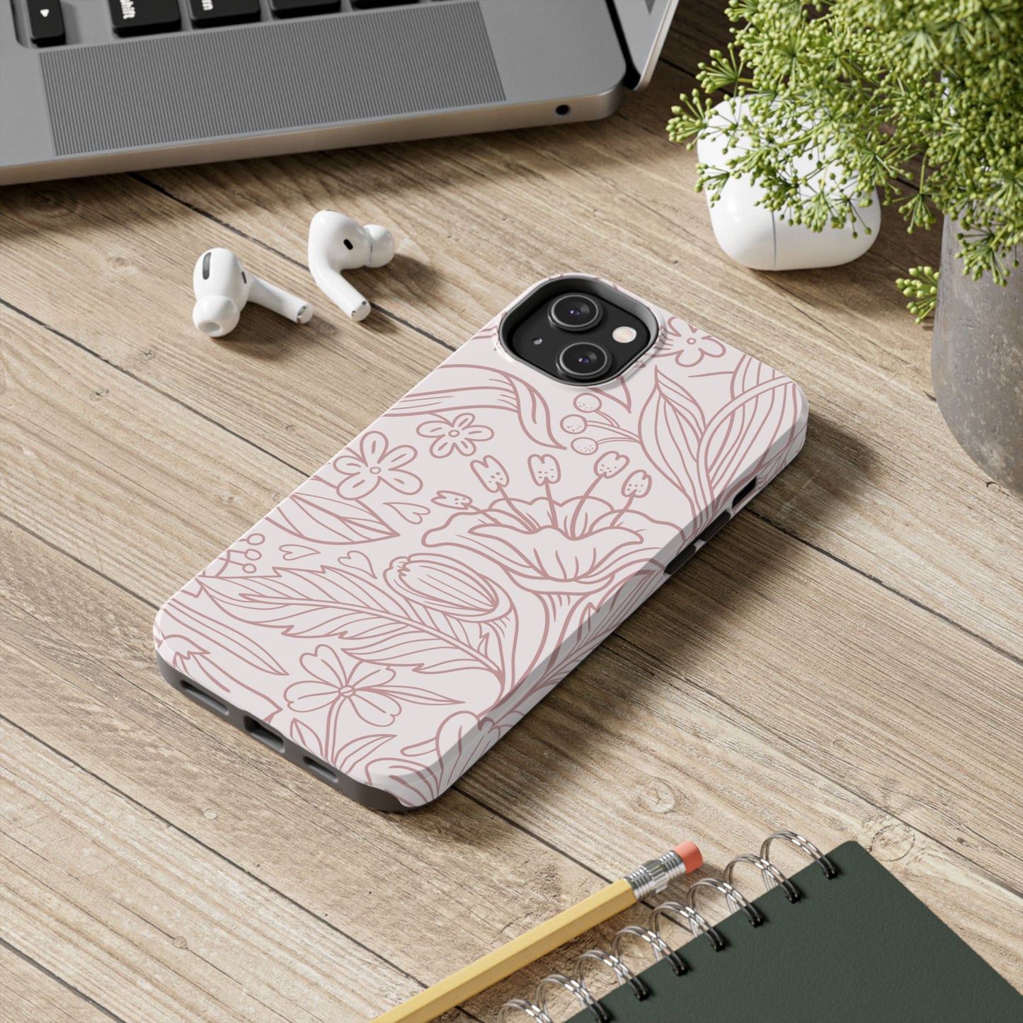 Blush Floral Line Art Tough iPhone Case – Delicate Minimalist Design with Dual-Layer Protection