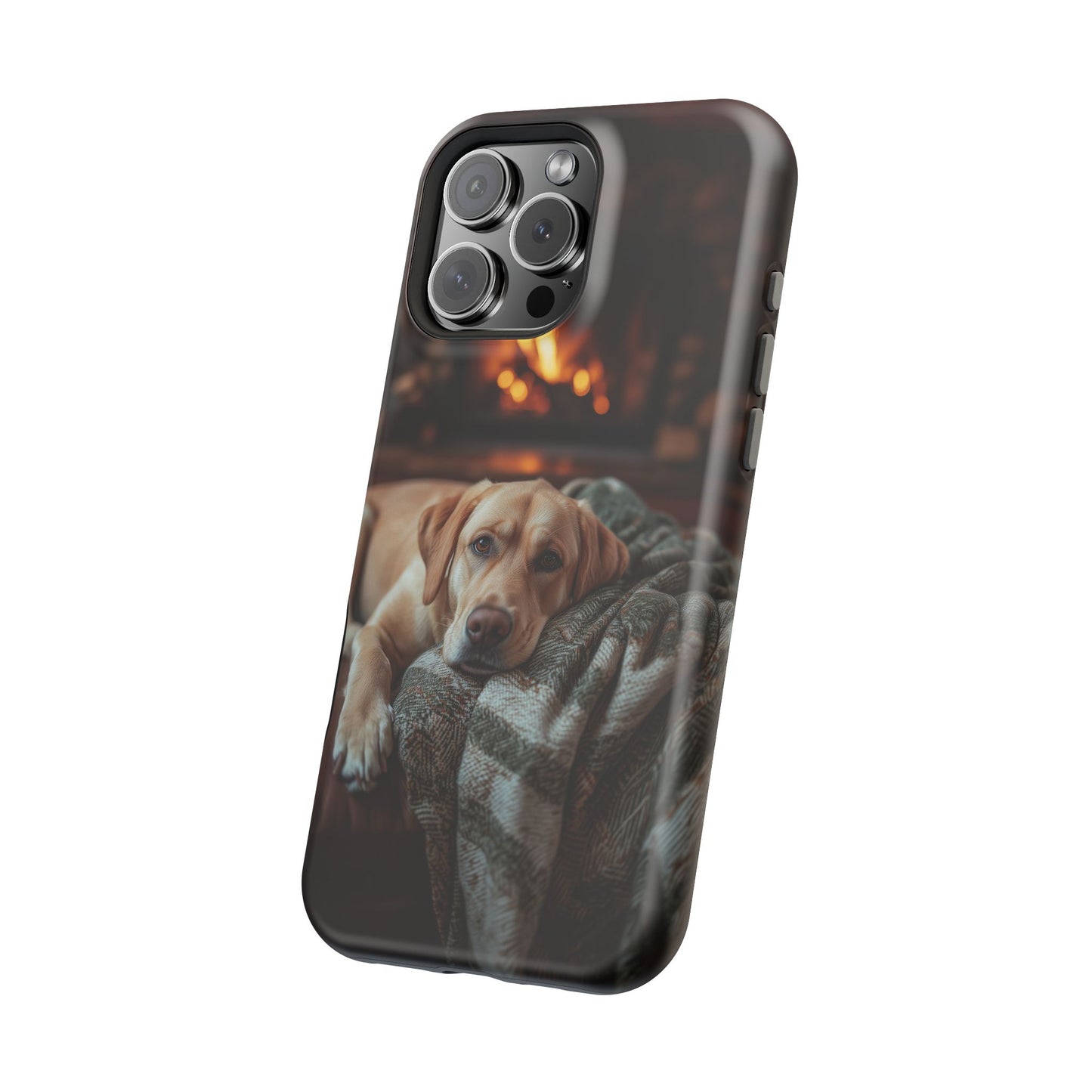 Cozy Labrador by Fireplace MagSafe iPhone Case – Rustic Cabin Protective Cover