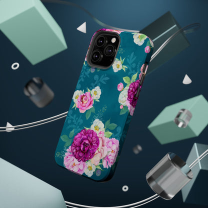 Elegant Peony Bouquet MagSafe iPhone Case – Deep Teal Background with Romantic Floral Design