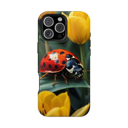 MagSafe iPhone Case: Vibrant Ladybug Amidst a Lush Yellow Flower Garden