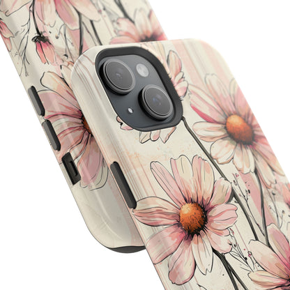 Pastel Pink Daisy MagSafe iPhone Case - Elegant Floral Plaid Protective Cover