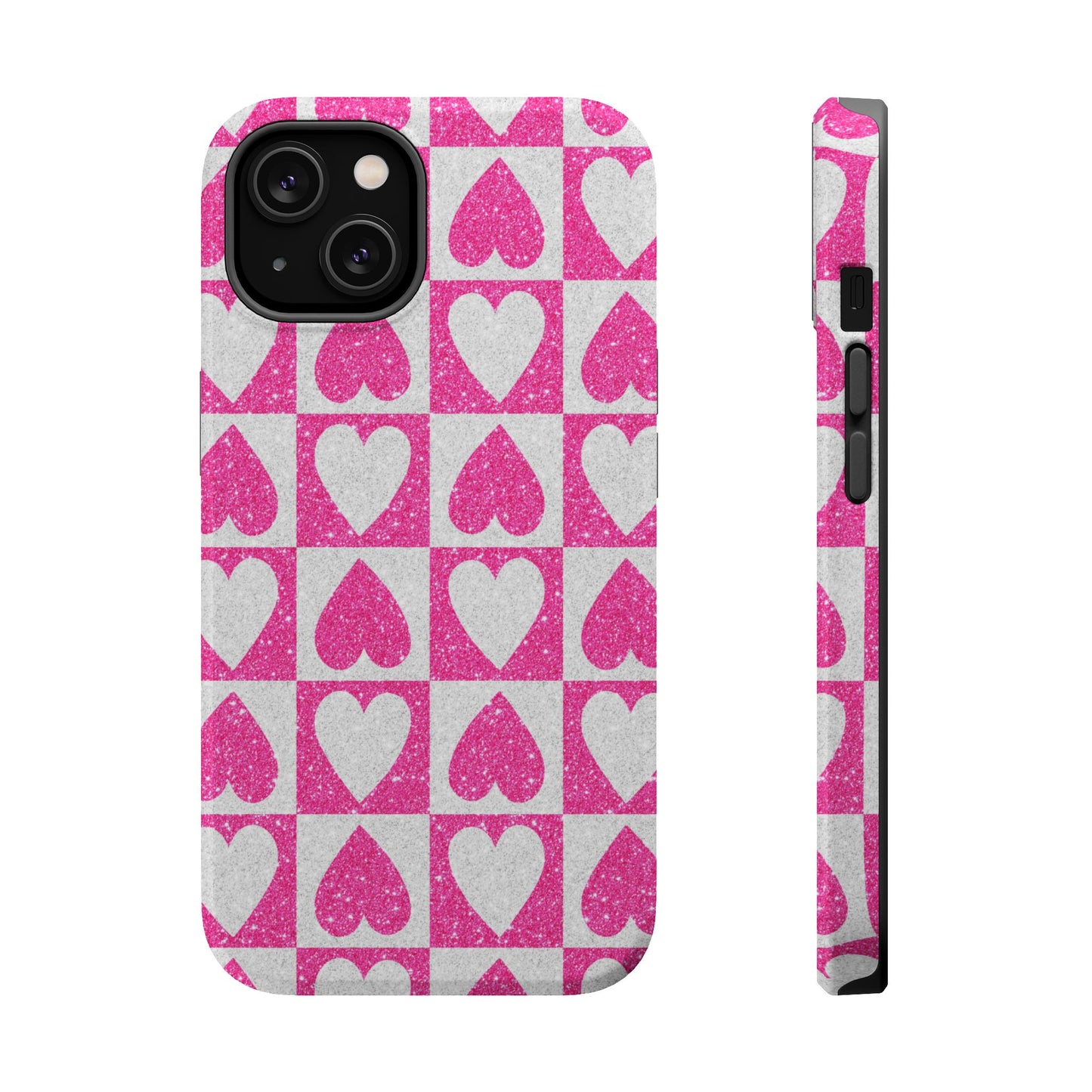 Pink Glitter Heart Checkered Pattern MagSafe Case