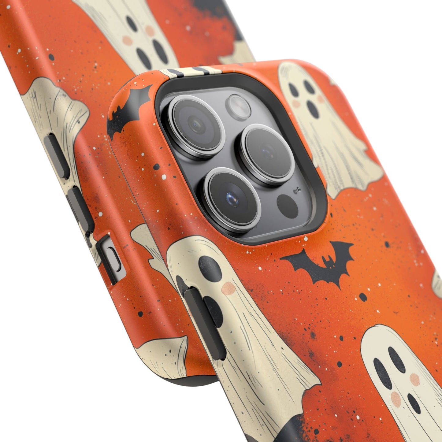 Spooky Ghosts & Bats  MagSafe iPhone Case – Vibrant Orange Halloween Design