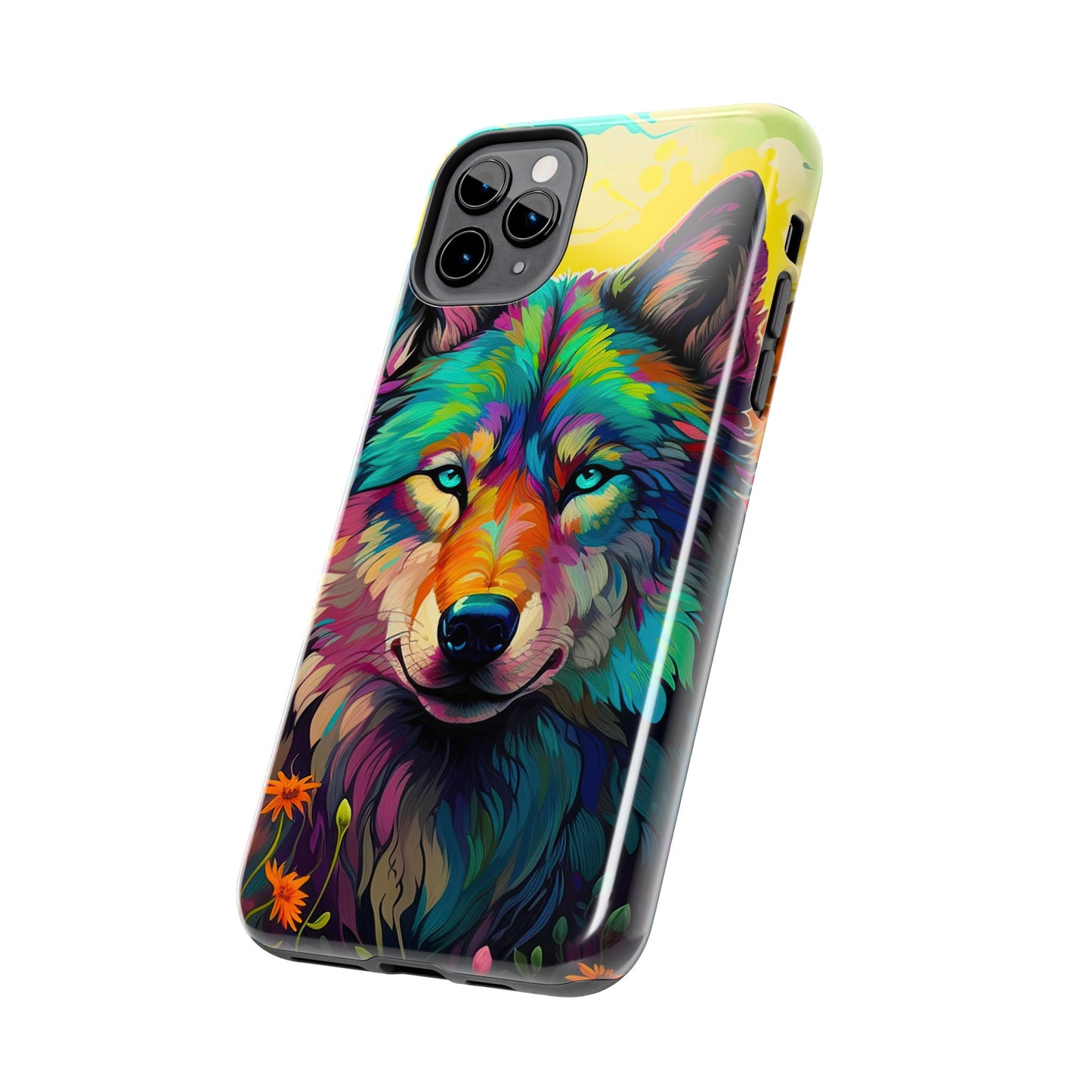 Rainbow Wolf in Bloom – iPhone Case with Vivid Nature Design