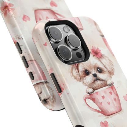 Floral Puppy in Teacup MagSafe iPhone Case – Cute Pink Flower Design, Tough Dual-Layer Protection