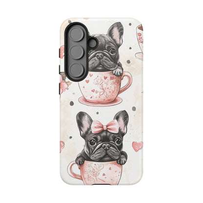 French Bulldogs in Teacups Samsung Galaxy Case – Cute Dog Design with Hearts & Bows, Shockproof & Slim