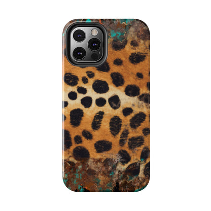 Rustic Leopard Print Tough iPhone Case – Distressed Turquoise and Animal Pattern with Dual-Layer Protection