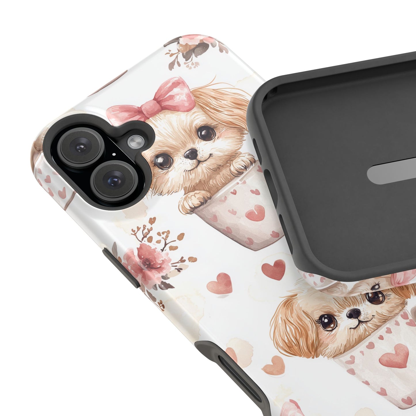 Cute Puppies in Heart MagSafe iPhone Case – Adorable Dog & Floral Design, Shockproof & Slim