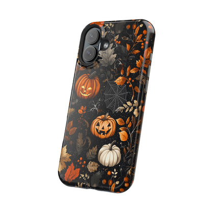 Elegant Halloween MagSafe iPhone Case – Pumpkin Jack-o'-Lanterns, Cobwebs & Autumn Foliage Design