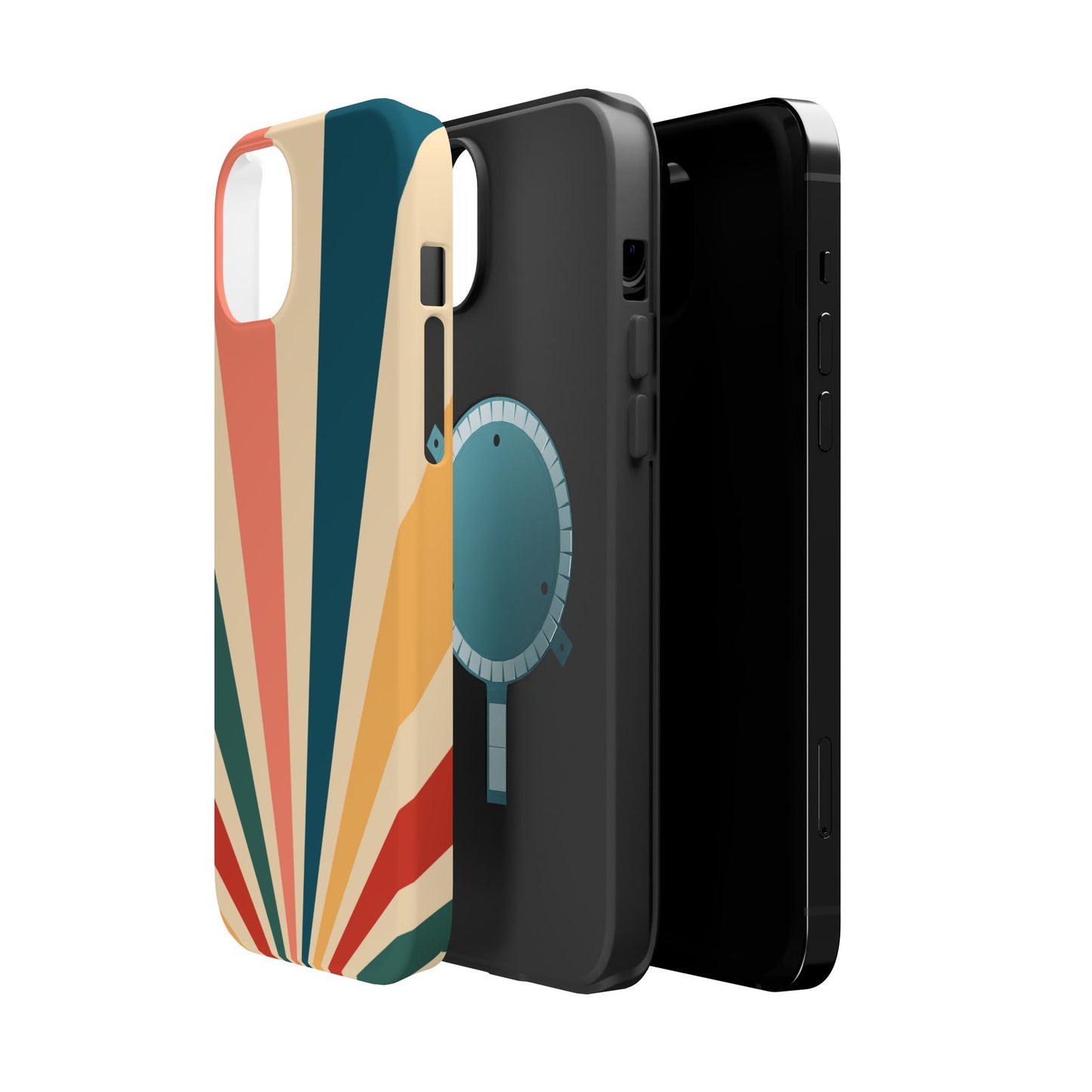 Retro Sunbeam MagSafe iPhone Case – 70s-Inspired Radiating Stripes in Coral, Teal, and Mustard