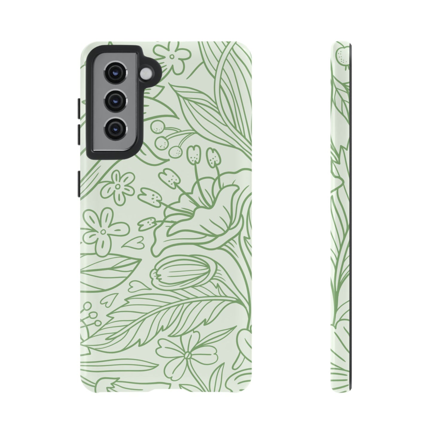 Sage Green Floral Line Art Tough Samsung Galaxy Case – Minimalist Botanical Design with Dual-Layer Protection