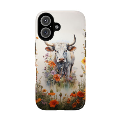 Floral Cow Phone Case - Rustic Western Watercolor Bull. For iPhone, Samsung Galaxy, and Google Pixel Phones. Cute Gift For Any Cow Lover. - BOGO Cases