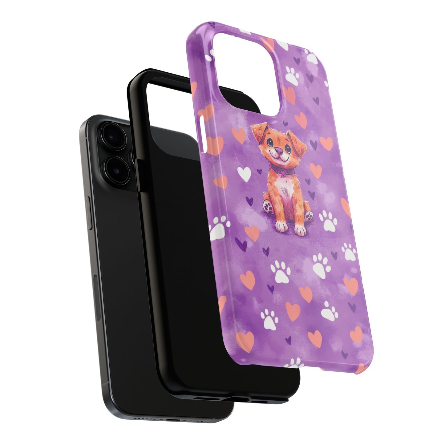 Cute Puppy iPhone Case - Adorable Pet Design with Hearts & Paw Prints, Protective Cover