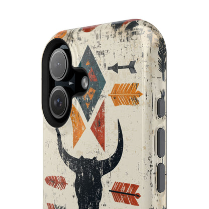 Tribal Bull Skull & Arrows Tough MagSafe iPhone Case – Rustic Western Design, Dual-Layer Protection