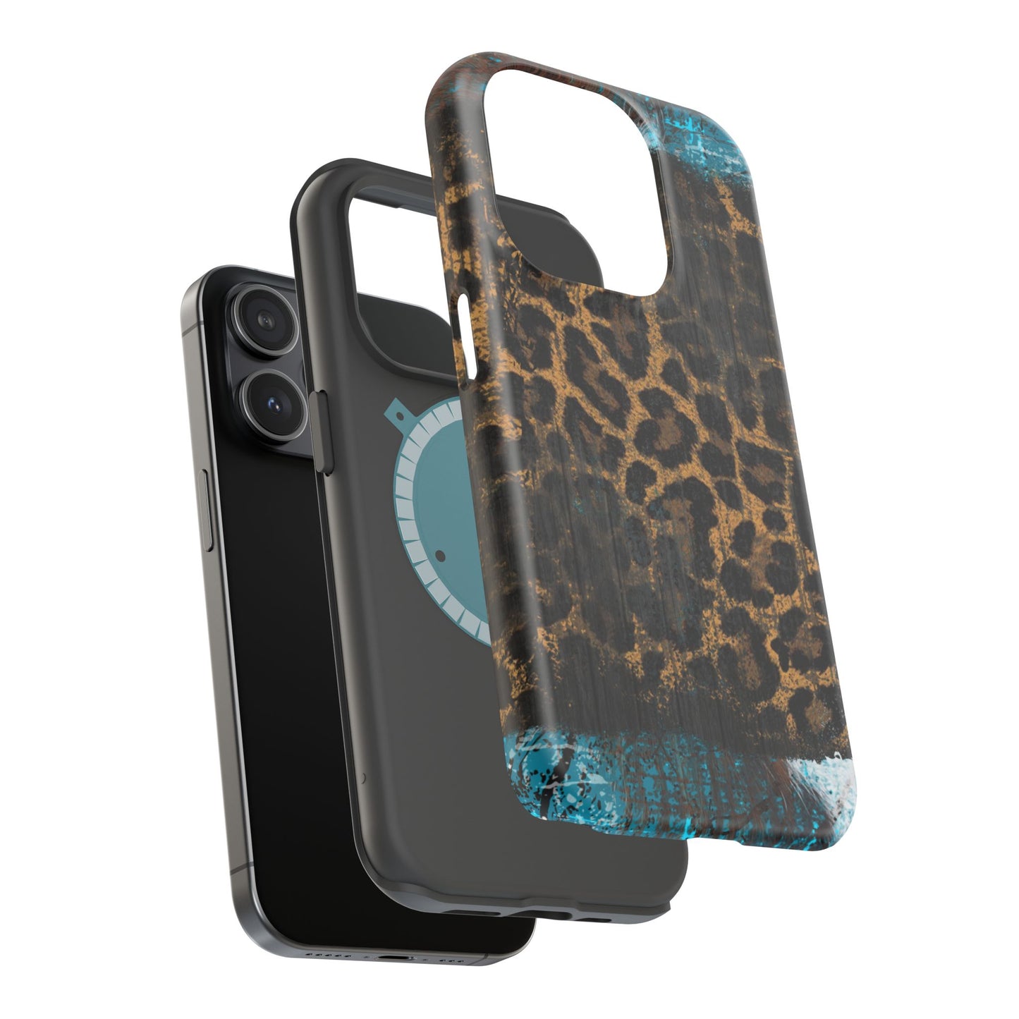 Boho Leopard and Turquoise Tough MagSafe iPhone Case – Rustic Western Design with Dual-Layer Protection