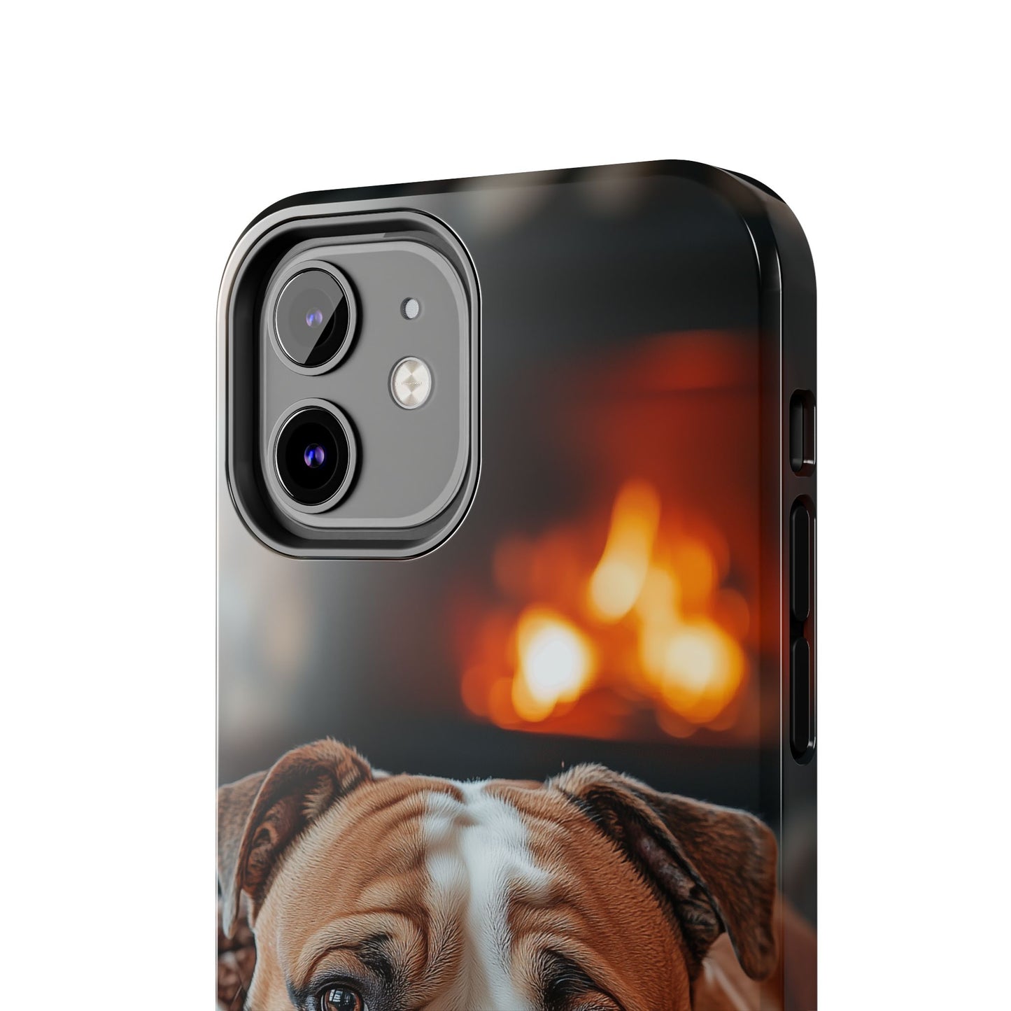 Cozy Bulldog iPhone Case – Fireside-Inspired Protective Cover Description: