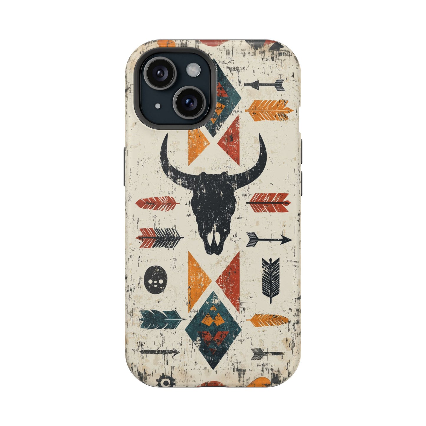 Tribal Bull Skull & Arrows Tough MagSafe iPhone Case – Rustic Western Design, Dual-Layer Protection