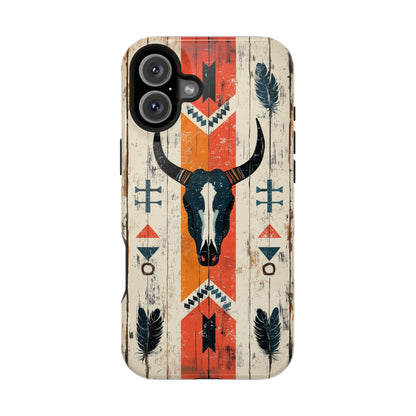 Rustic Western Bull Skull Tough MagSafe iPhone Case – Distressed Wood Design, Dual-Layer Protection