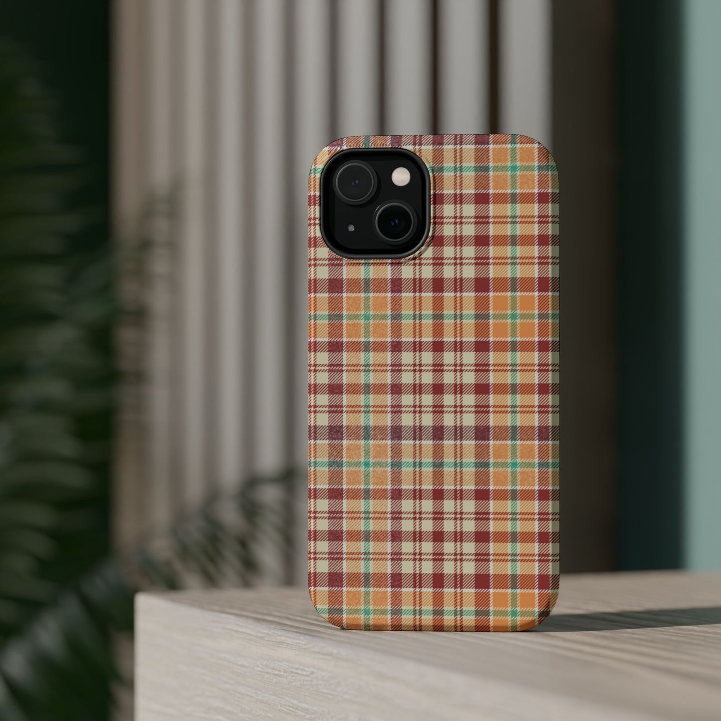 Retro Chic Plaid MagSafe iPhone Case in Red, Orange, Green & Cream – Vintage Design Meets Modern Tech