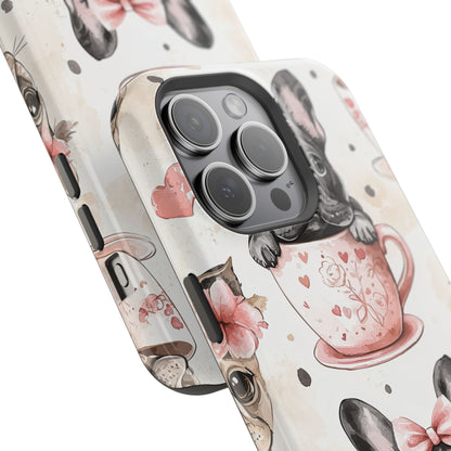 French Bulldogs in Teacups MagSafe iPhone Case – Cute Dog Design with Hearts & Bows, Shockproof & Slim