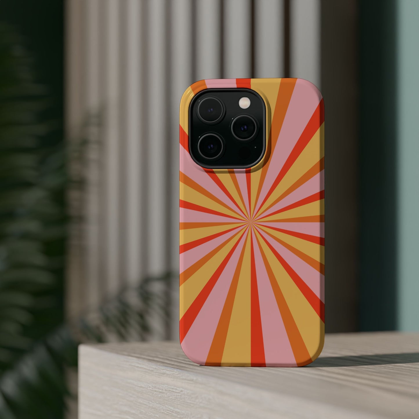 Bold Retro Sunburst MagSafe iPhone Case – Vibrant 70s-Inspired Rays in Orange, Pink, and Yellow