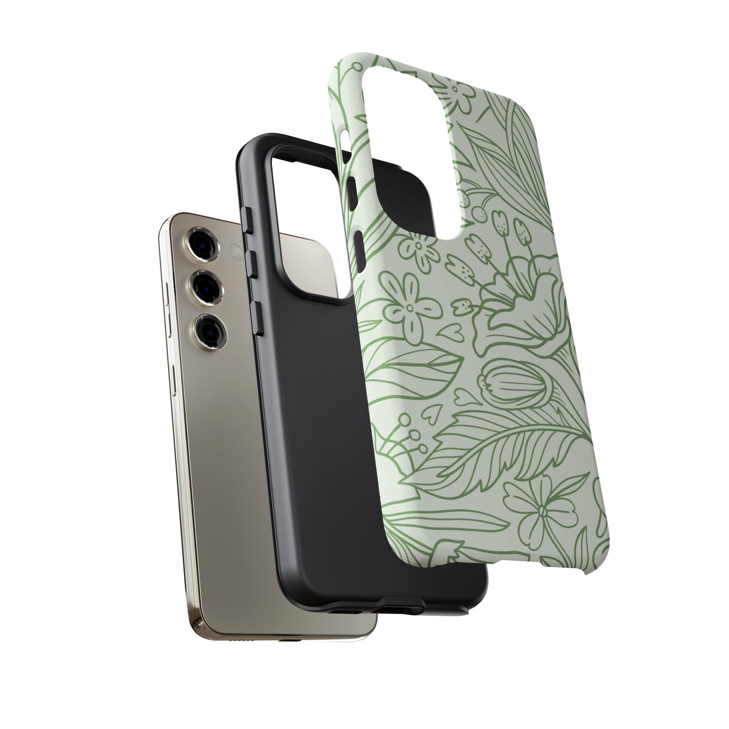 Sage Green Floral Line Art Tough Samsung Galaxy Case – Minimalist Botanical Design with Dual-Layer Protection