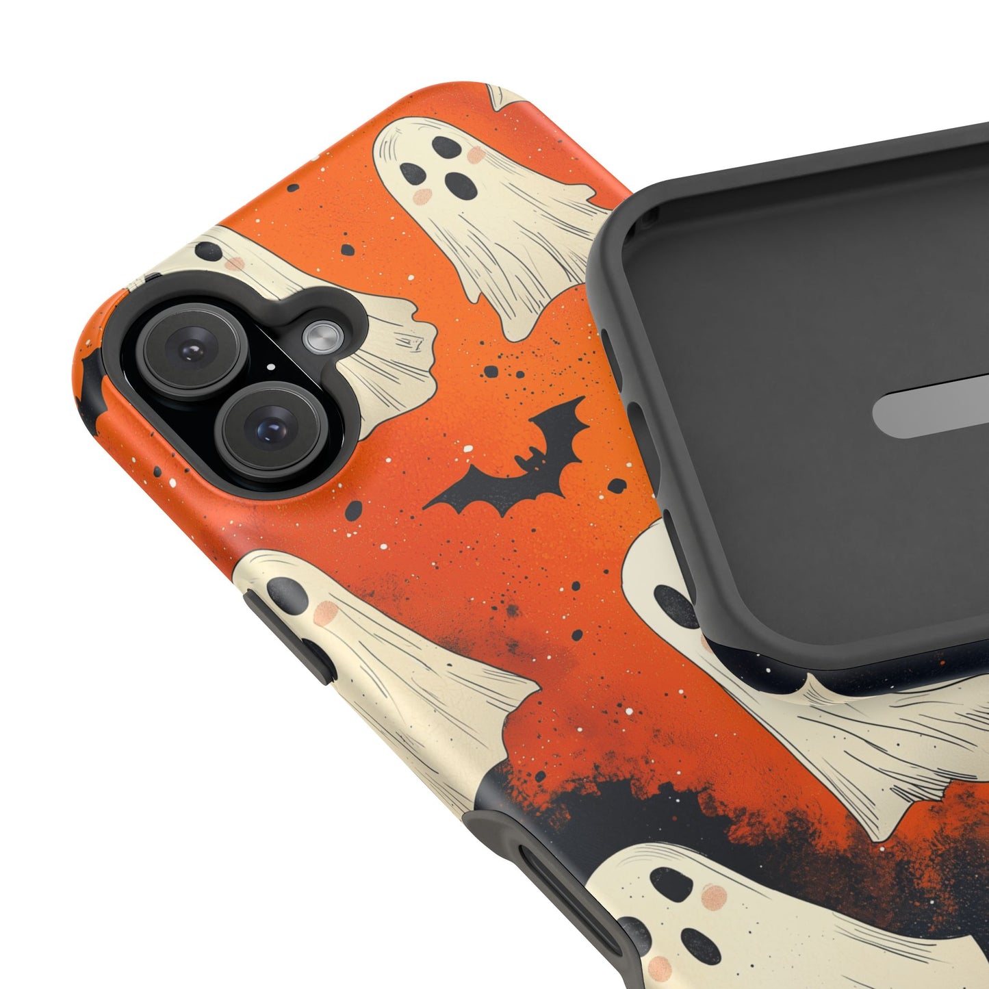 Spooky Ghosts & Bats  MagSafe iPhone Case – Vibrant Orange Halloween Design