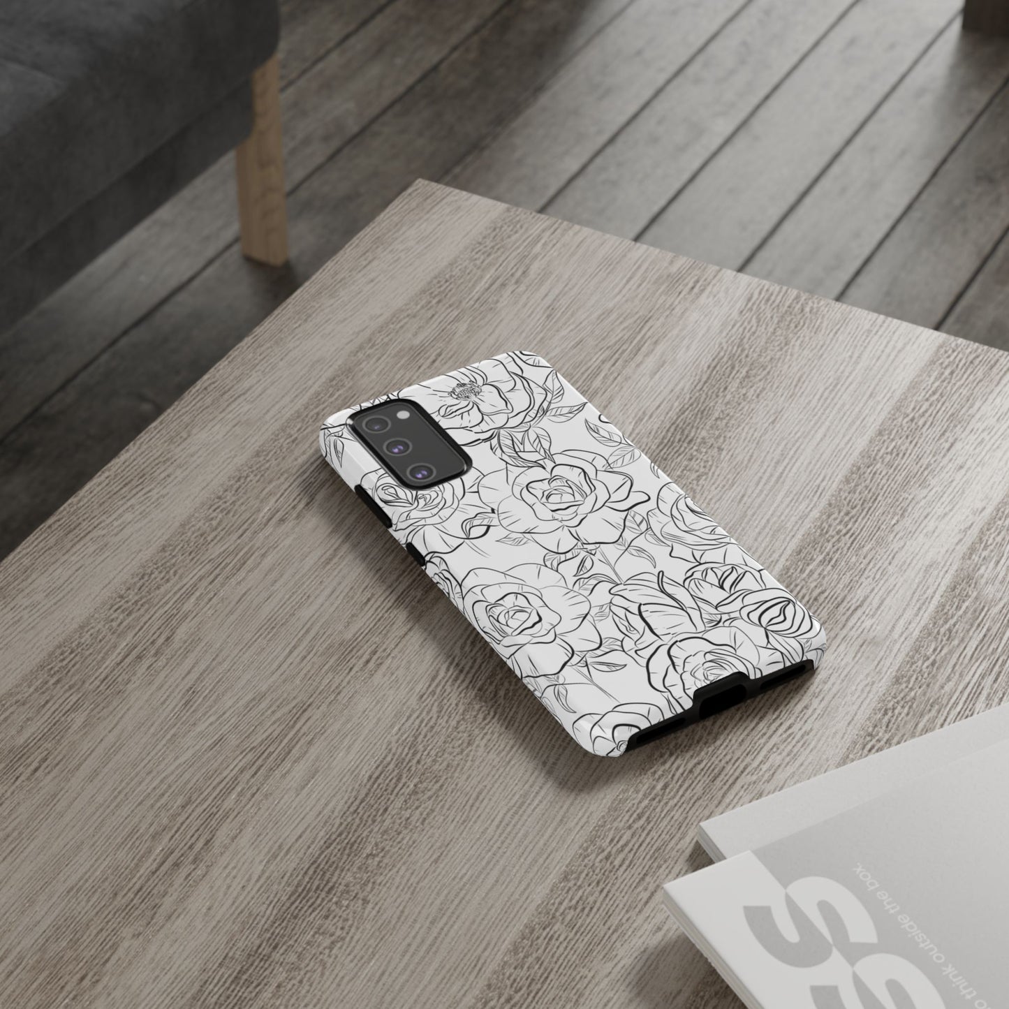 Monochrome Rose Garden Tough Samsung Galaxy Case – Elegant Floral Line Art with Dual-Layer Protection